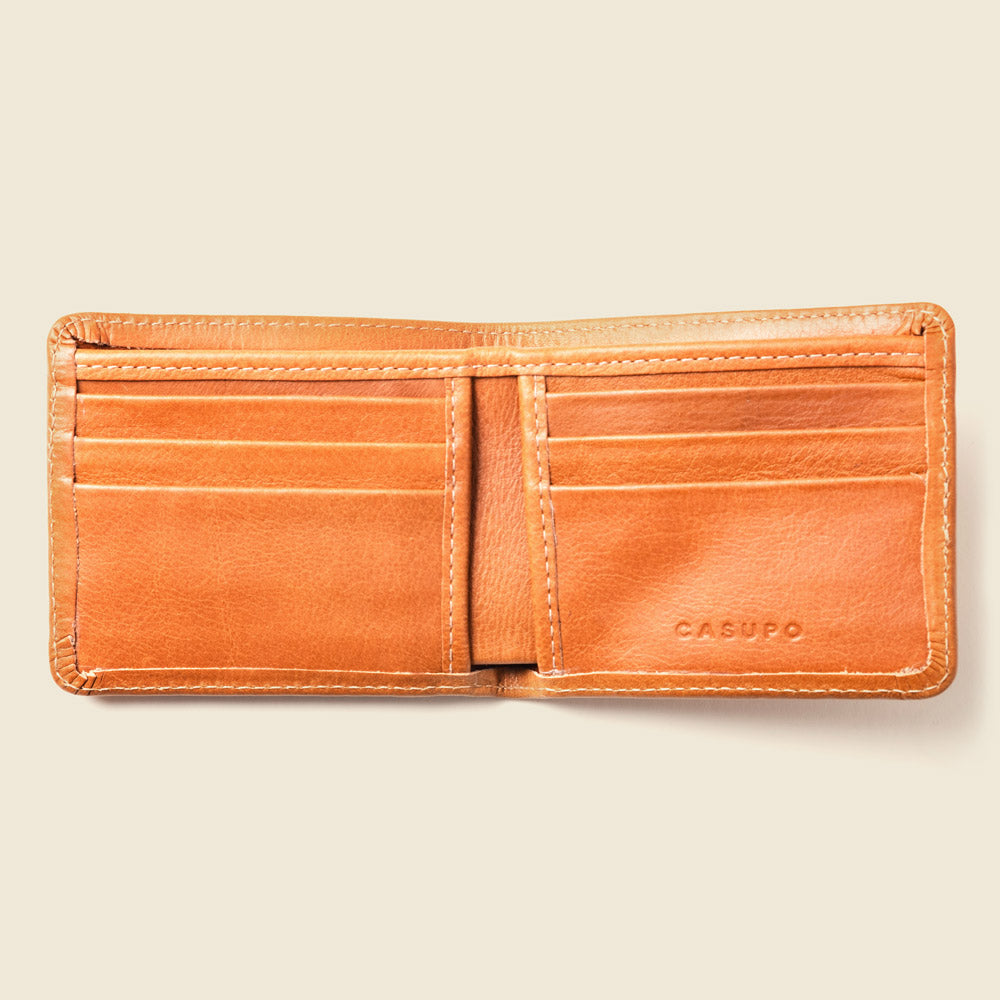 CASUPO large billfold wallet in natural tan leather, open to show card slots and a center divider