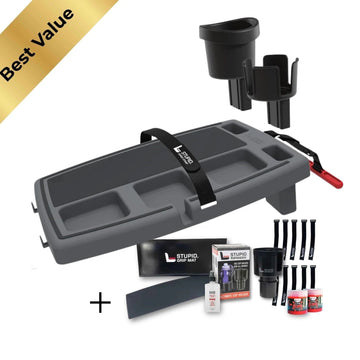 The Professional Workspace gray car tray with cup holder attachment, straps, cleaning gel and spray bottle, labeled Best Value