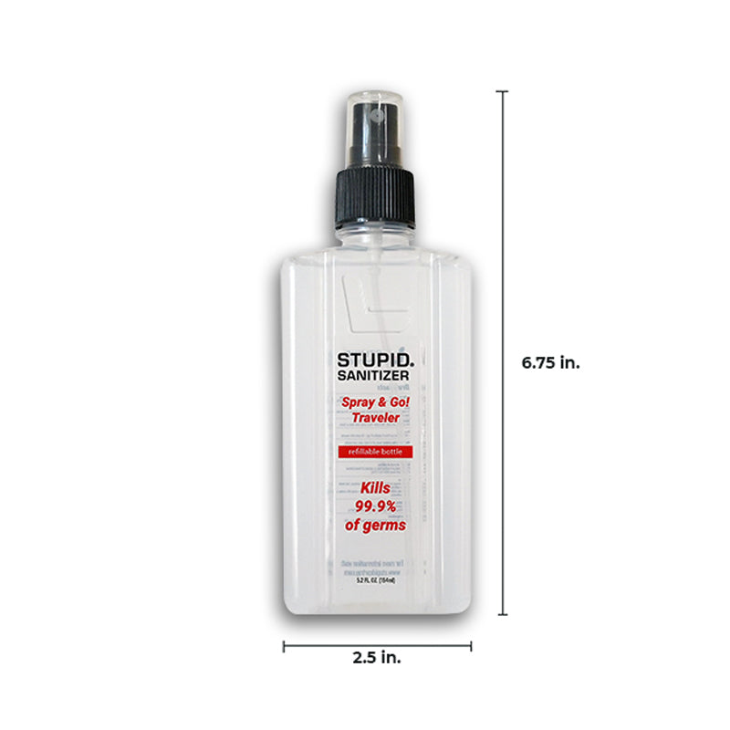 Clear spray bottle of cleaning solution with its height and width dimensions shown