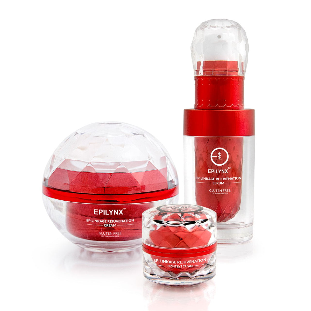 EpiLynx Firming & Brightening Set with a red serum bottle, a jar and a smaller jar