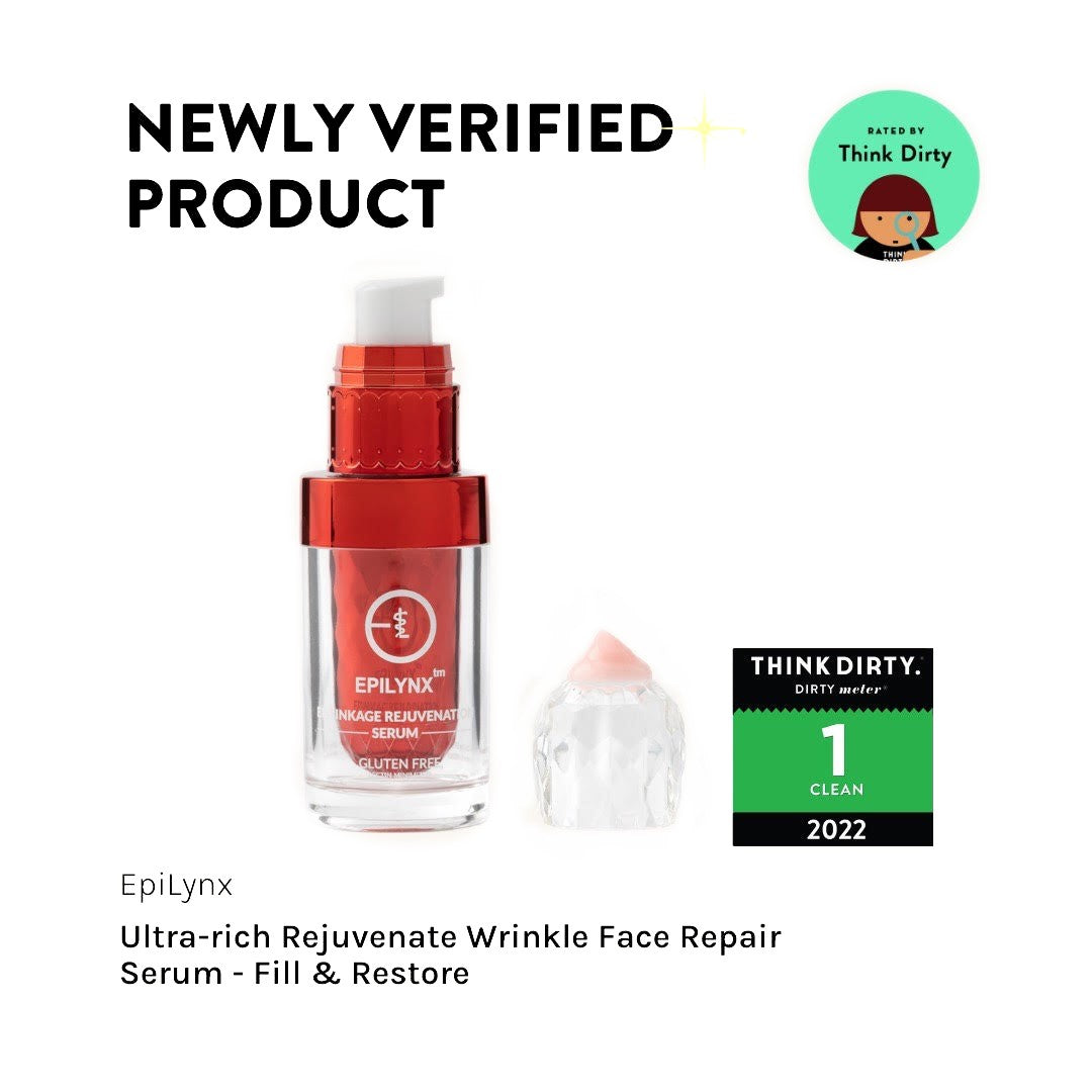 Verified product badge graphic showing the serum bottle and a Think Dirty rating badge