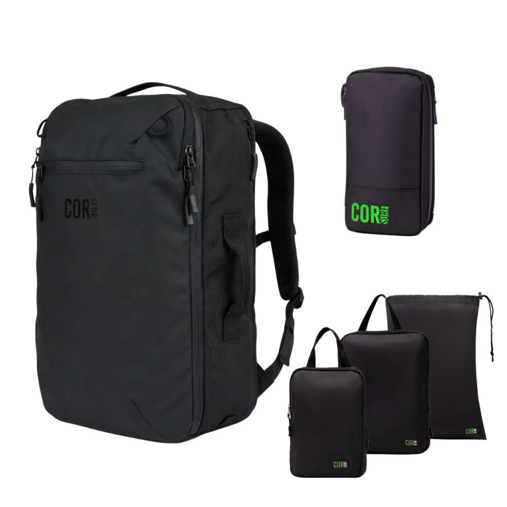 Island Hopper 28L backpack in Onyx Black with a toiletry bag and three packing pouches