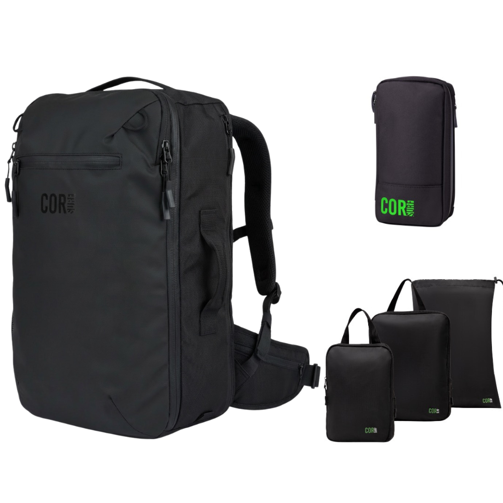 Island Hopper 40L backpack in Onyx Black with a toiletry bag and three packing pouches