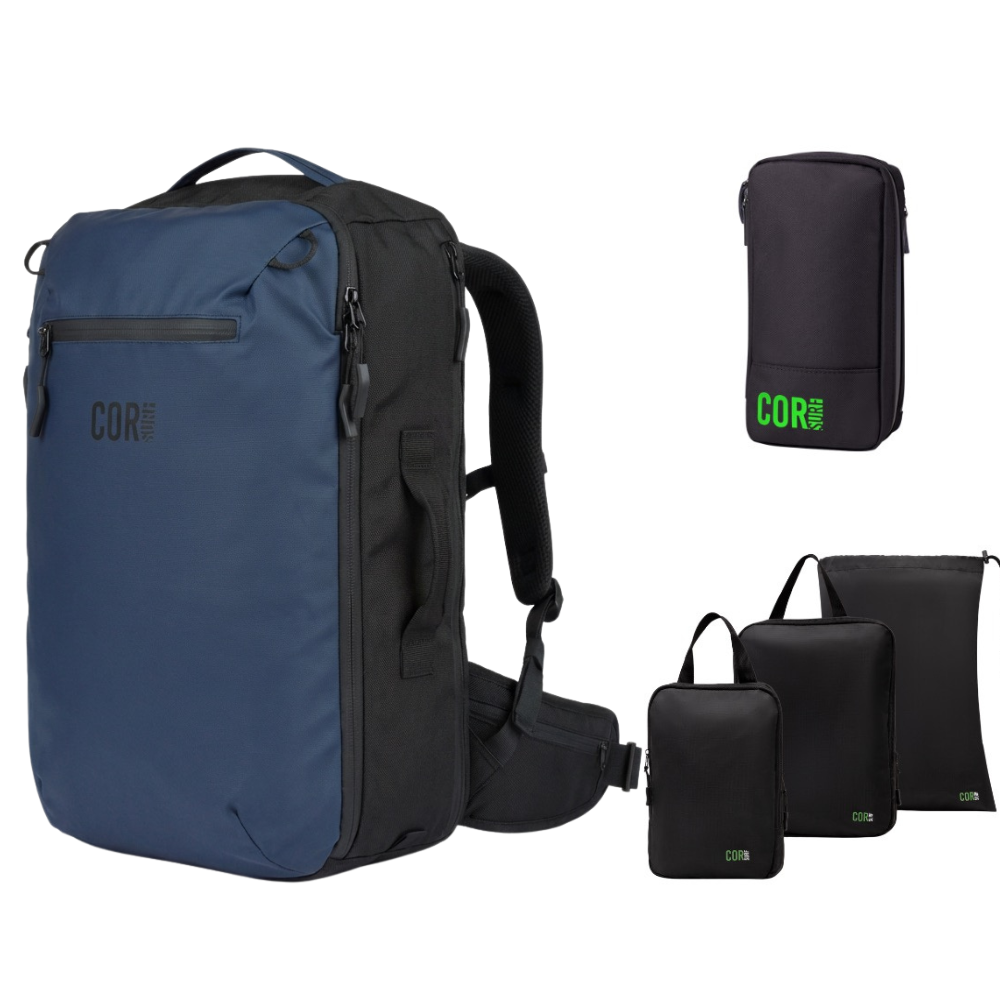 Island Hopper 40L backpack in Midnight Blue with a toiletry bag and three packing pouches