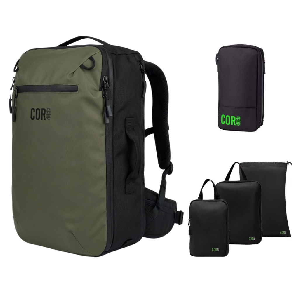 Island Hopper 40L backpack in Green with a toiletry bag and three packing pouches