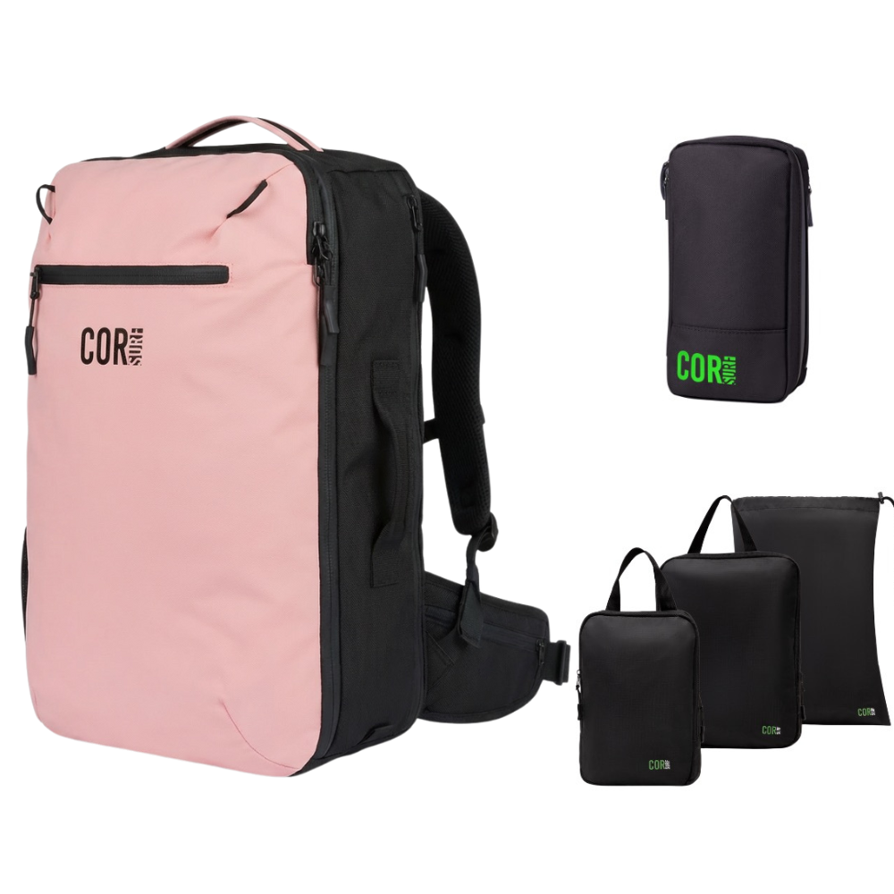 Island Hopper 40L backpack in Pink with a toiletry bag and three packing pouches