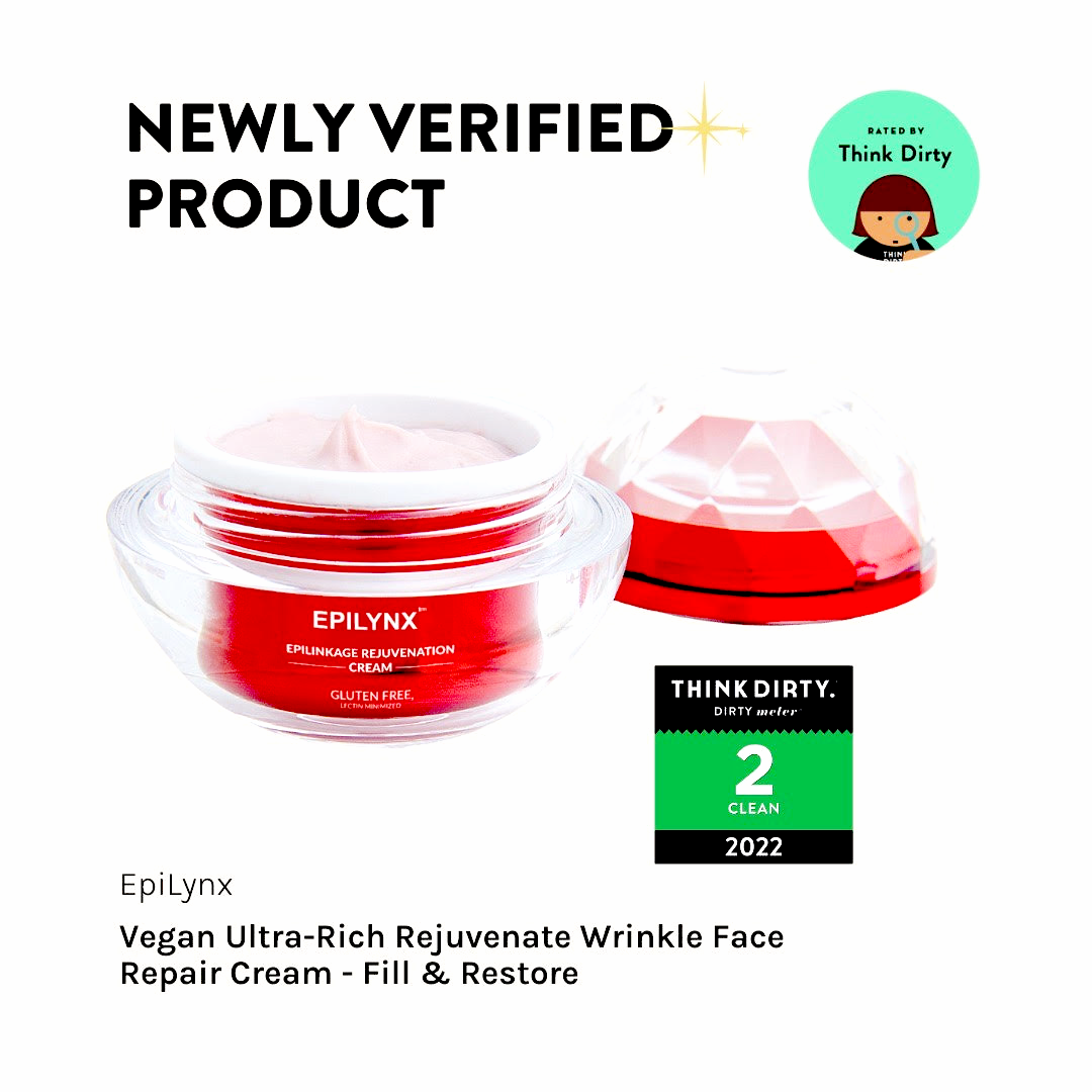 EpiLynx wrinkle repair cream jar with a Think Dirty badge and the text Newly Verified Product