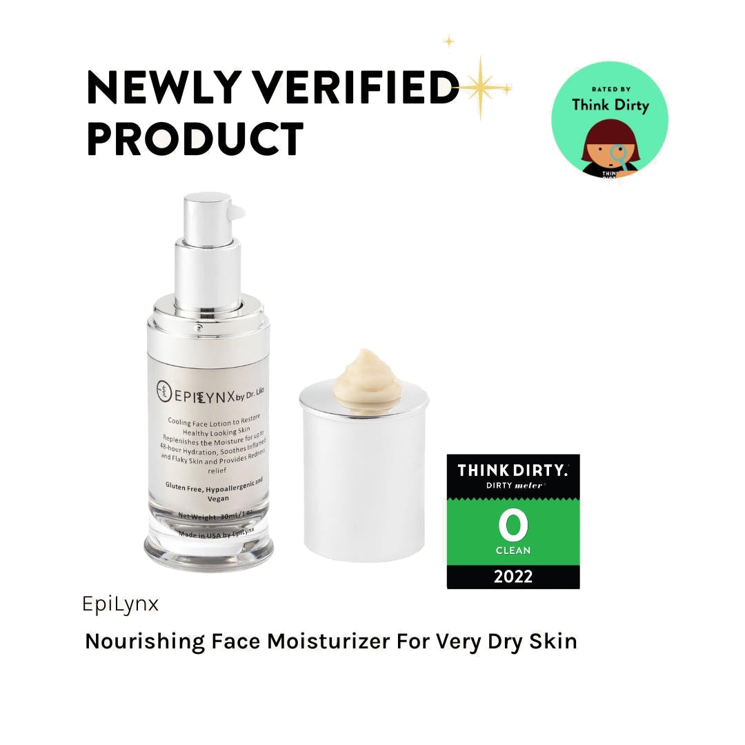 EpiLynx moisturizer bottle and cap with a Think Dirty badge and the text Newly Verified Product