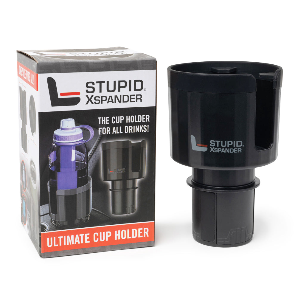Boxed black cup holder expander shown beside the expander itself